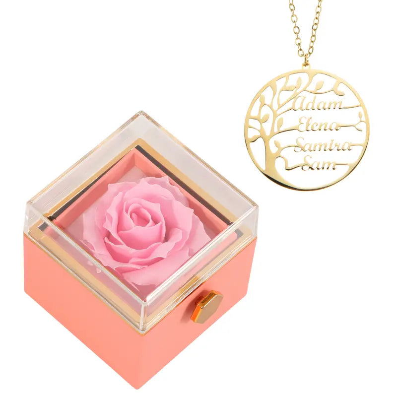 Coffret Rose Éternelle avec Collier Prénom Arbre Généalogique - Arbre de vie