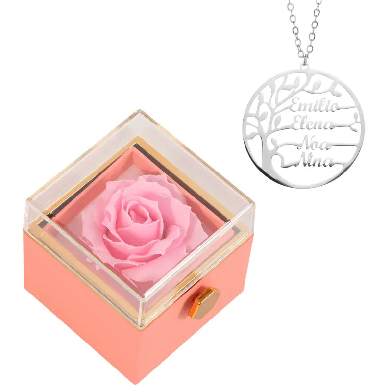 Coffret Rose Éternelle avec Collier Prénom Arbre Généalogique - Arbre de vie